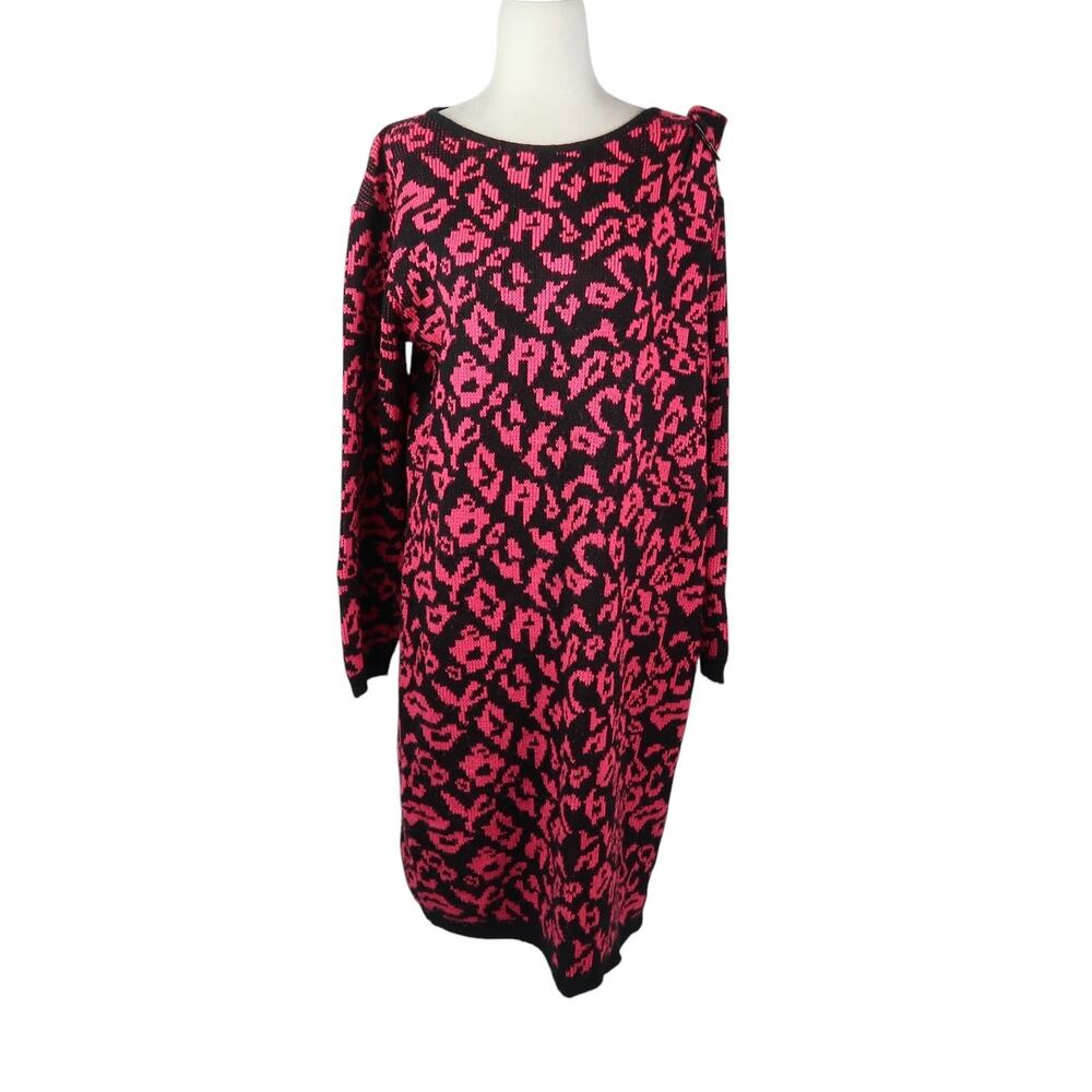 Vintage 80s Darian Pink and Black Leopard Print Knit Sweater Dress L